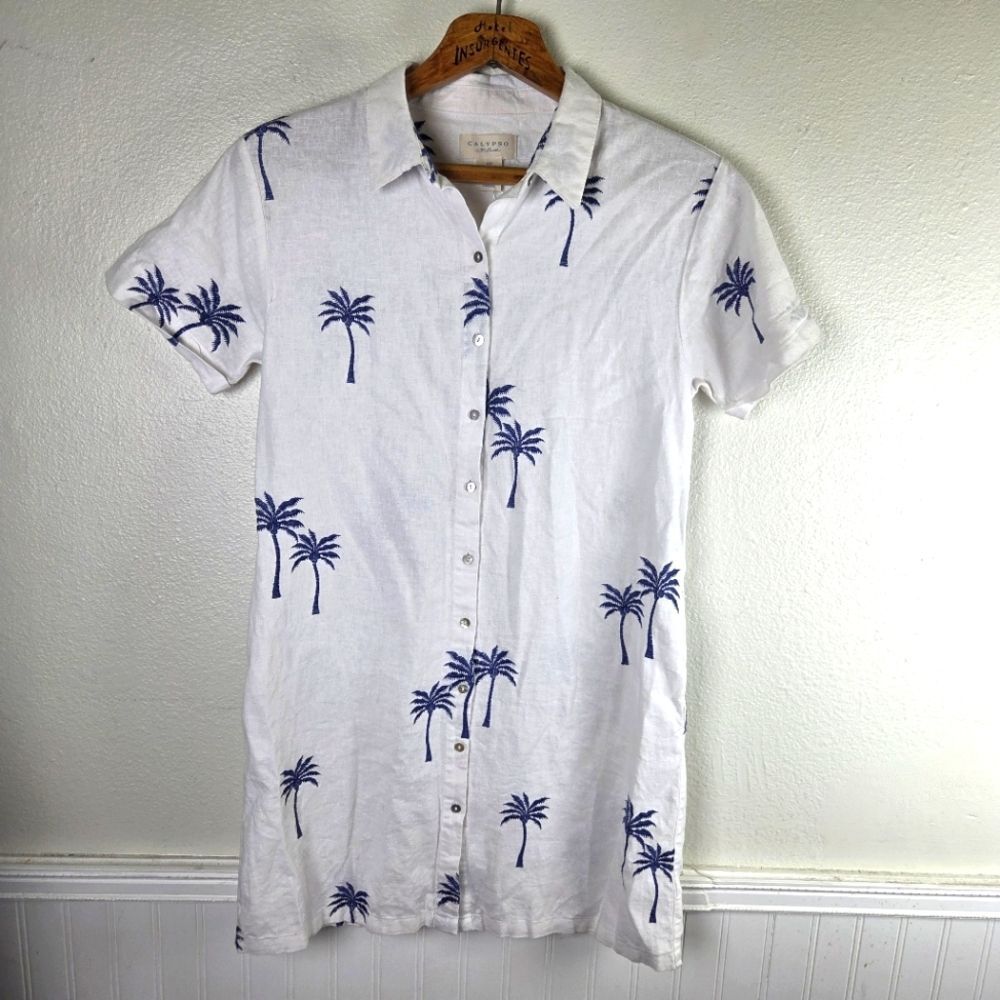 Women's Calypso St. Barth White Palm Tree Button Up Mini Dress Size Small